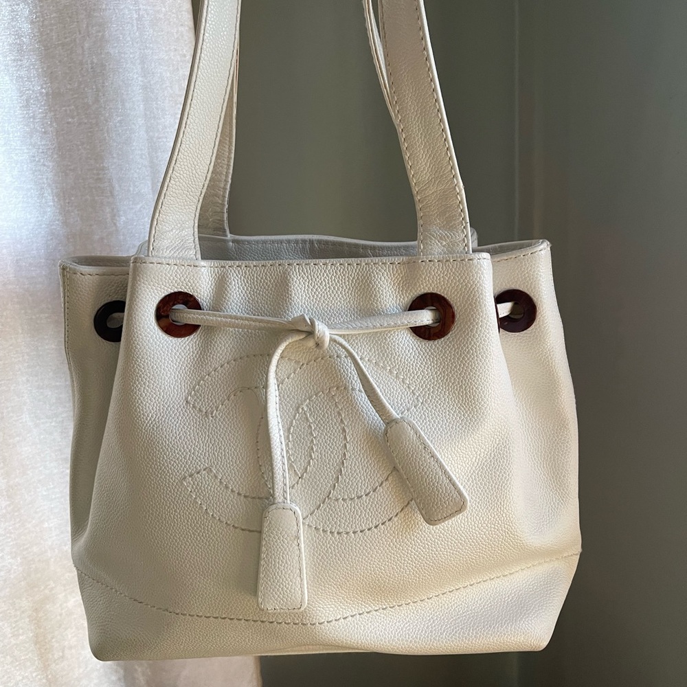 CHANEL cocomark White CC Logo Caviar Skin Shoulder Tote Bag-Authentic